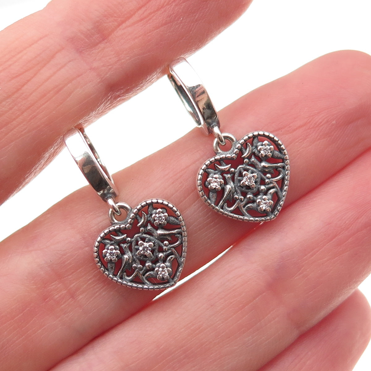 925 Sterling Silver Round-Cut C Z Oxidized Heart Dangle Charm Hoop Earrings