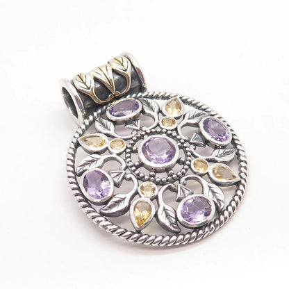 925 Sterling Silver Vintage Real Amethyst & Citrine Gemstone Ornate Pendant