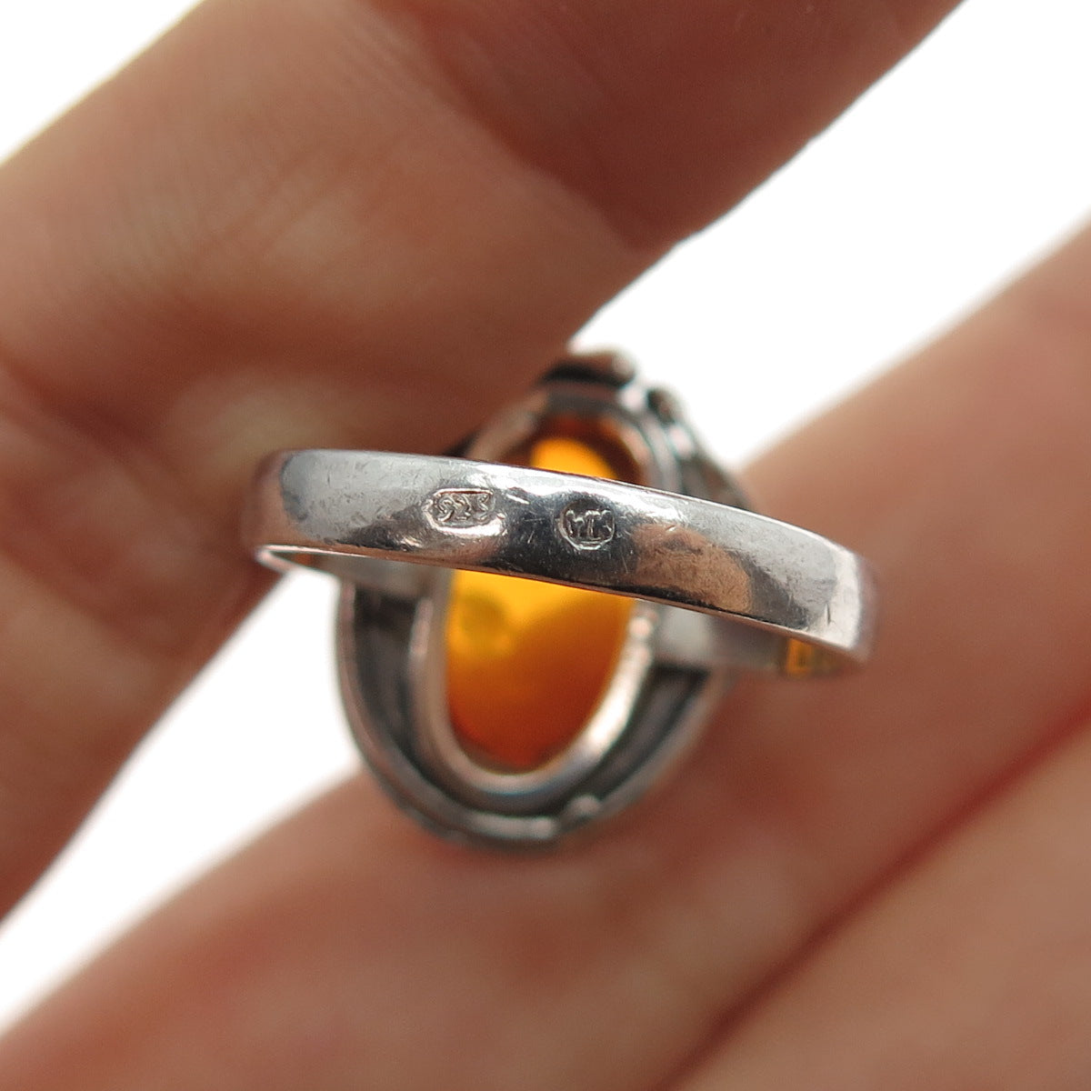 W. Kruk 925 Sterling Silver Vintage Poland Real Amber Modernist Ring Size 7