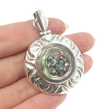 925 Sterling Silver Vintage Mexico Real Abalone Shell Round Pendant