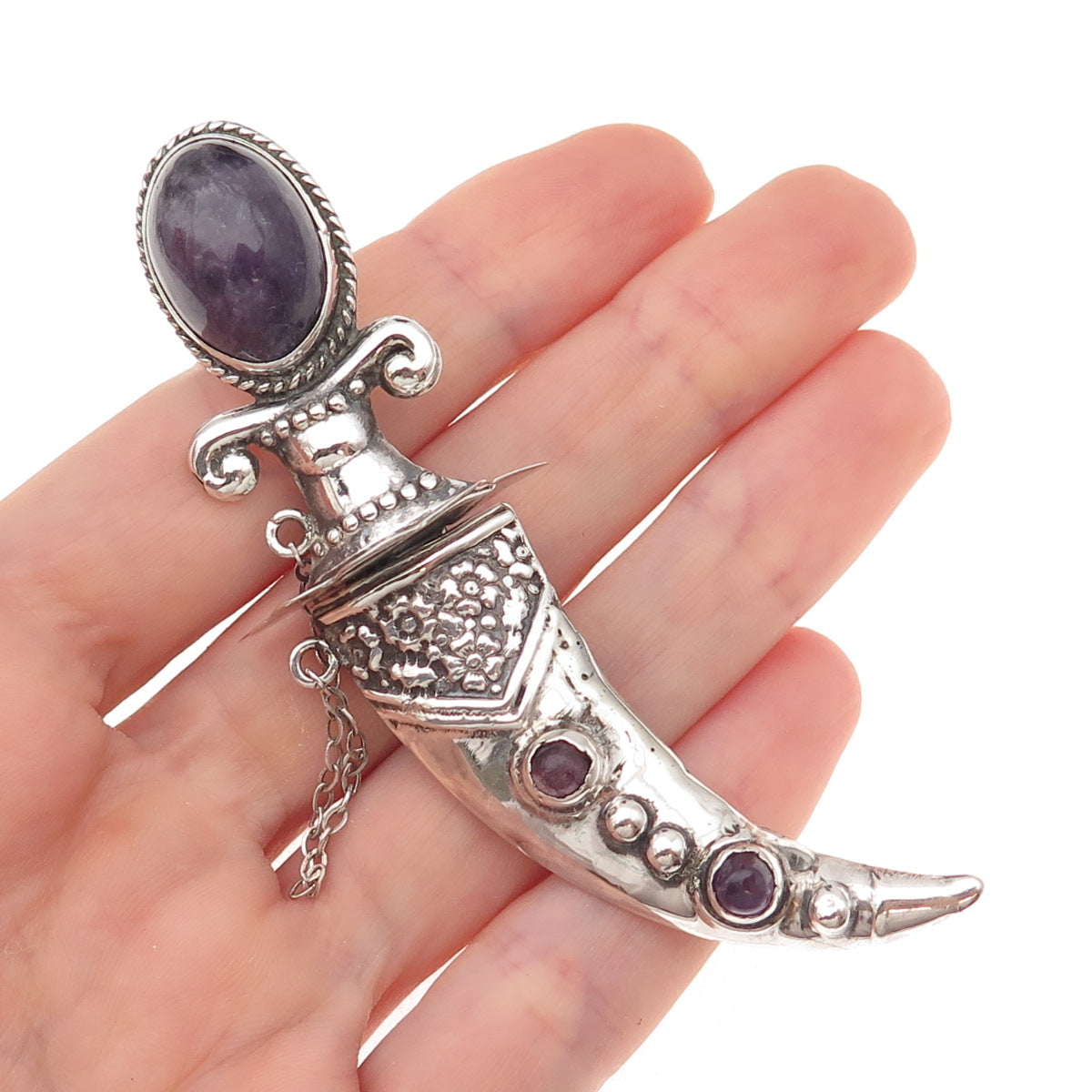 925 Sterling Antique Art Deco Real Amethyst Dagger in Sheath 2-Pc Pin Brooch