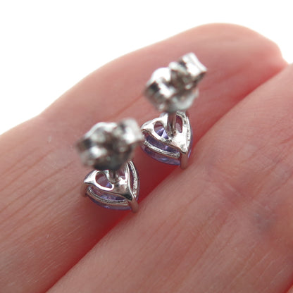 925 Sterling Silver Heart-Cut Purple C Z Stud Earrings