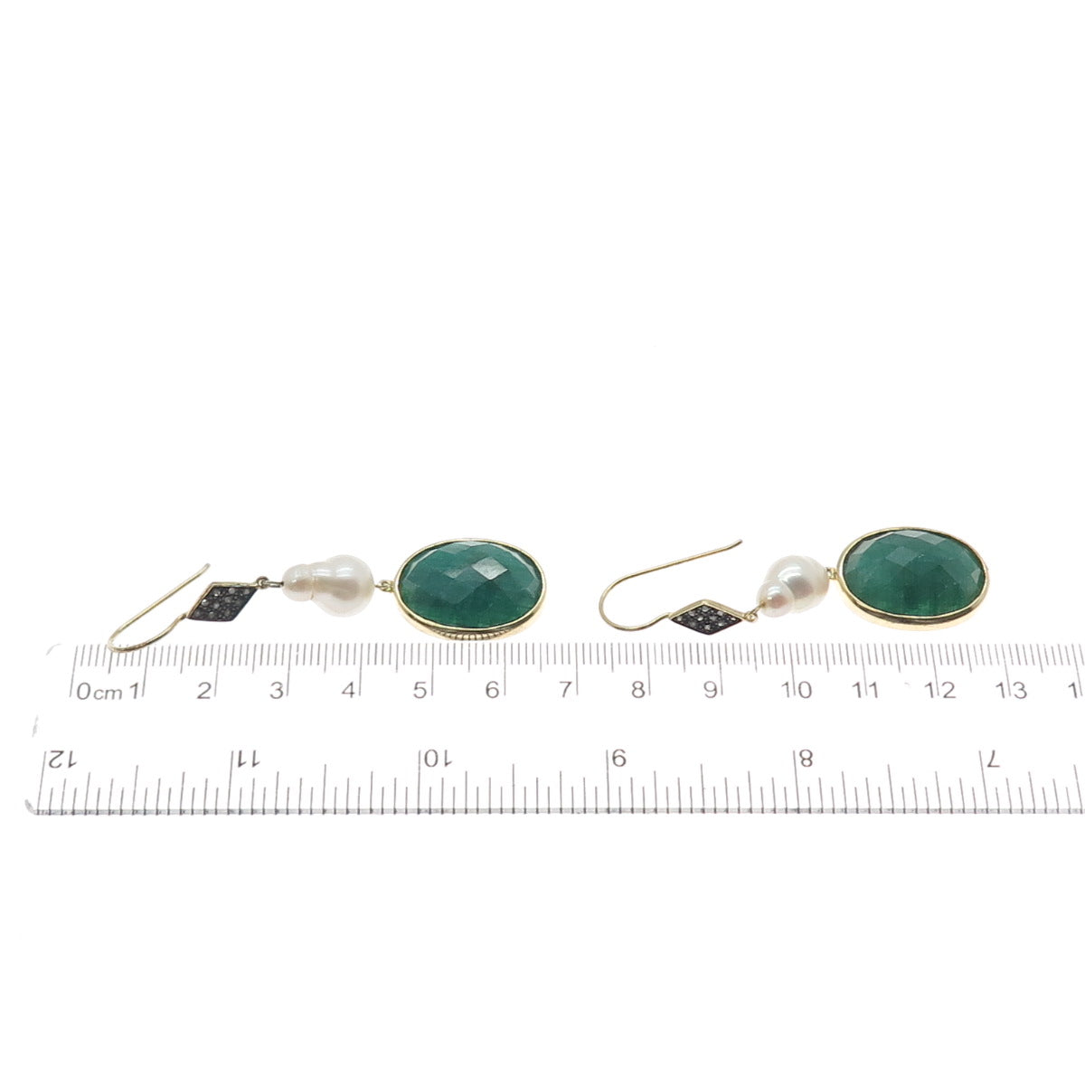 925 Sterling Silver Gold Plated Real Diamond Emerald & Pearl Dangle Earrings