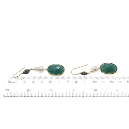 925 Sterling Silver Gold Plated Real Diamond Emerald & Pearl Dangle Earrings