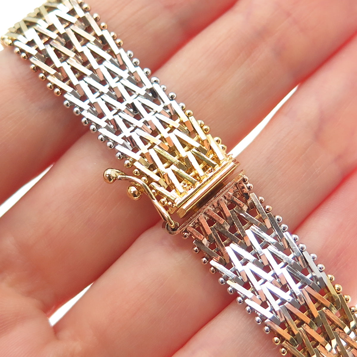 925 Sterling Silver 3-Tone Vintage Italy Chevron Mesh Link Bracelet 7.5"