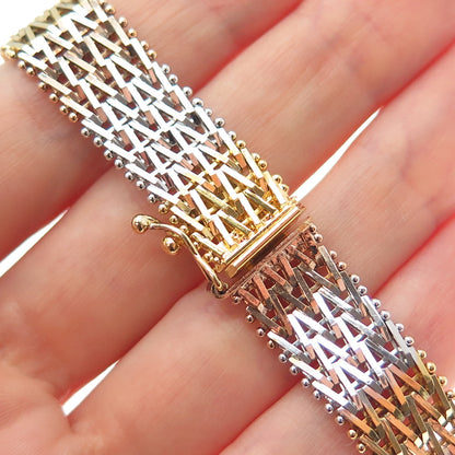 925 Sterling Silver 3-Tone Vintage Italy Chevron Mesh Link Bracelet 7.5"