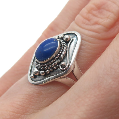 925 Sterling Silver Vintage Real Lapis Lazuli Gem Beaded Oxidized Ring Size 6.5