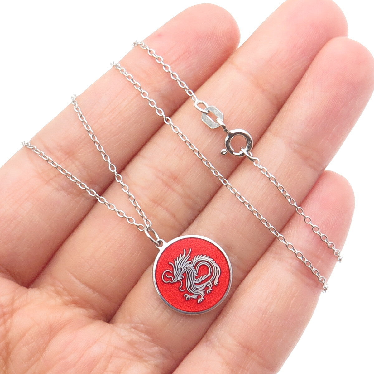 TOKEMOTI 925 Sterling Silver Red Enamel Chinese Dragon Cable Chain Necklace 18"