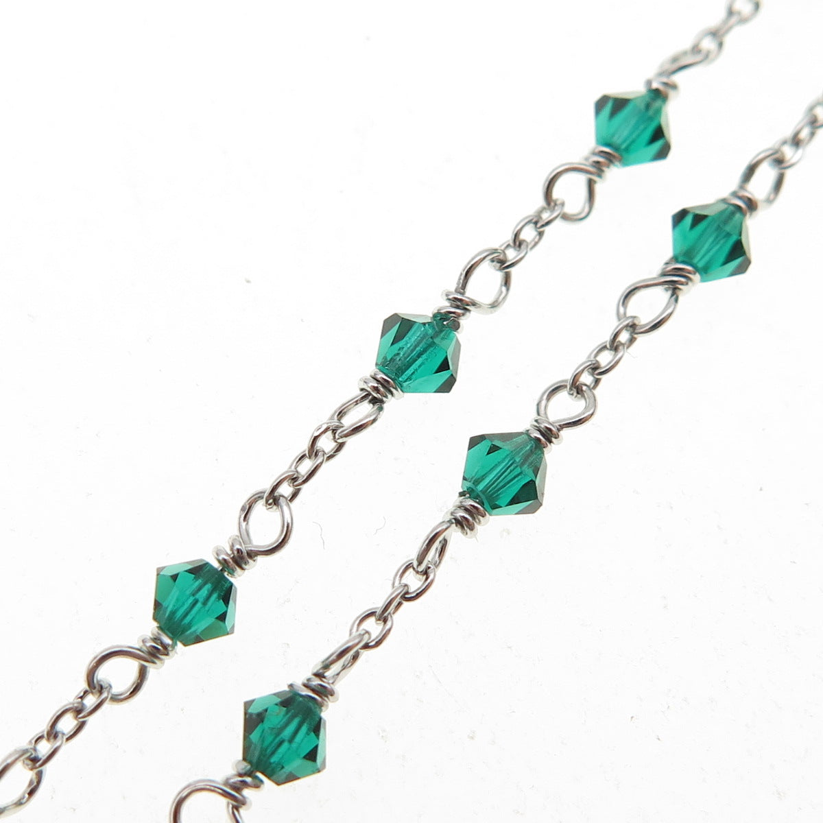 925 Sterling Silver Vintage Green Glass Beaded Chain Necklace 15-16"