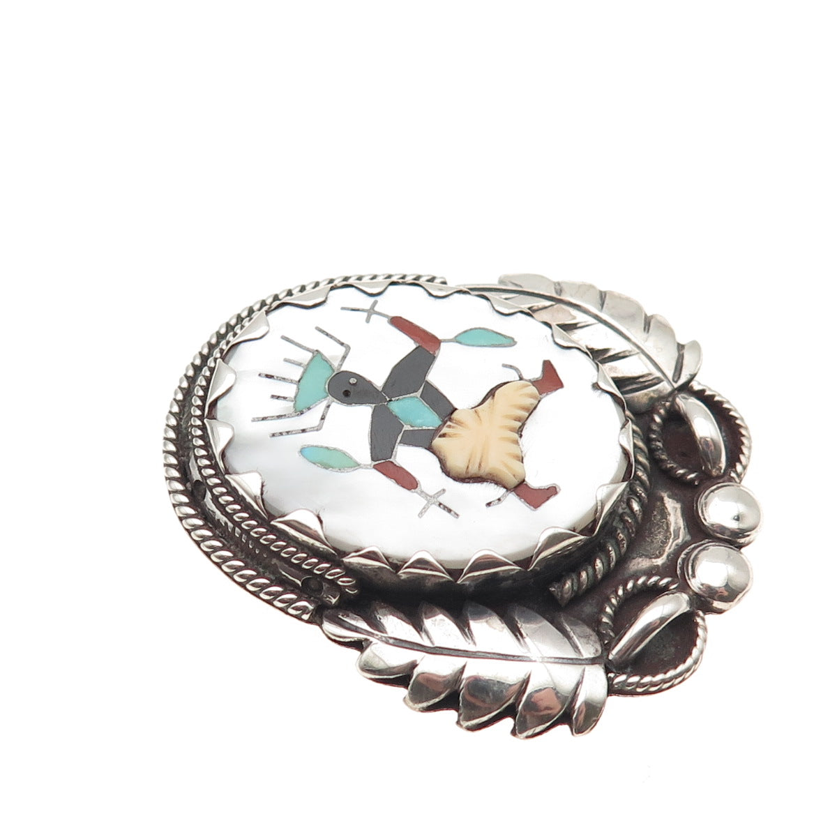 L.H. Lonjose Zuni Old Pawn Sterling Turquoise Coral Onyx MOP Warrior Pin Pendant