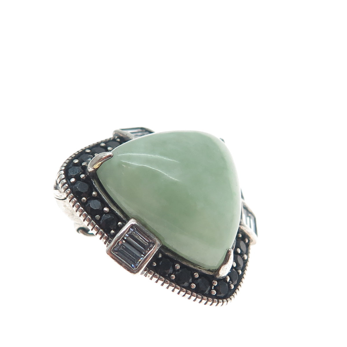 925 Sterling Silver Vintage Real Jade Black Spinel & C Z Triangle Pendant