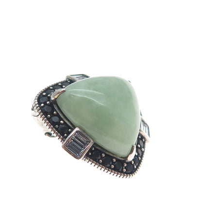 925 Sterling Silver Vintage Real Jade Black Spinel & C Z Triangle Pendant
