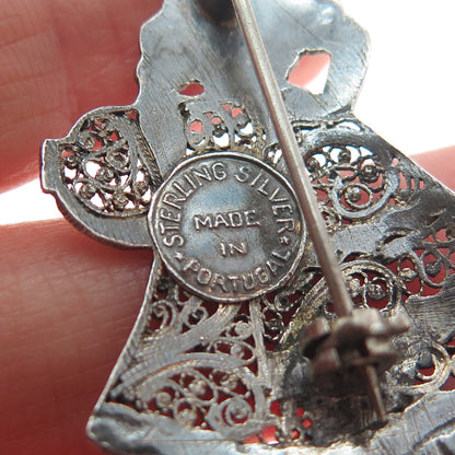 925 Sterling Silver Vintage Portugal Enamel Lady Filigree Oxidized Pin Brooch