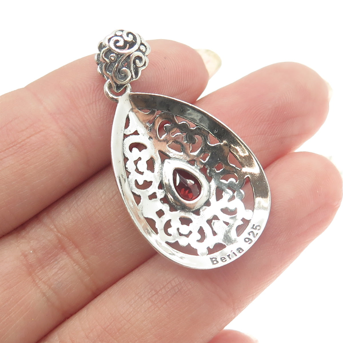 BERIA 925 Sterling Silver Pear-Cut Red Garnet Ornate Teardrop Pendant