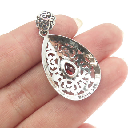 BERIA 925 Sterling Silver Pear-Cut Red Garnet Ornate Teardrop Pendant