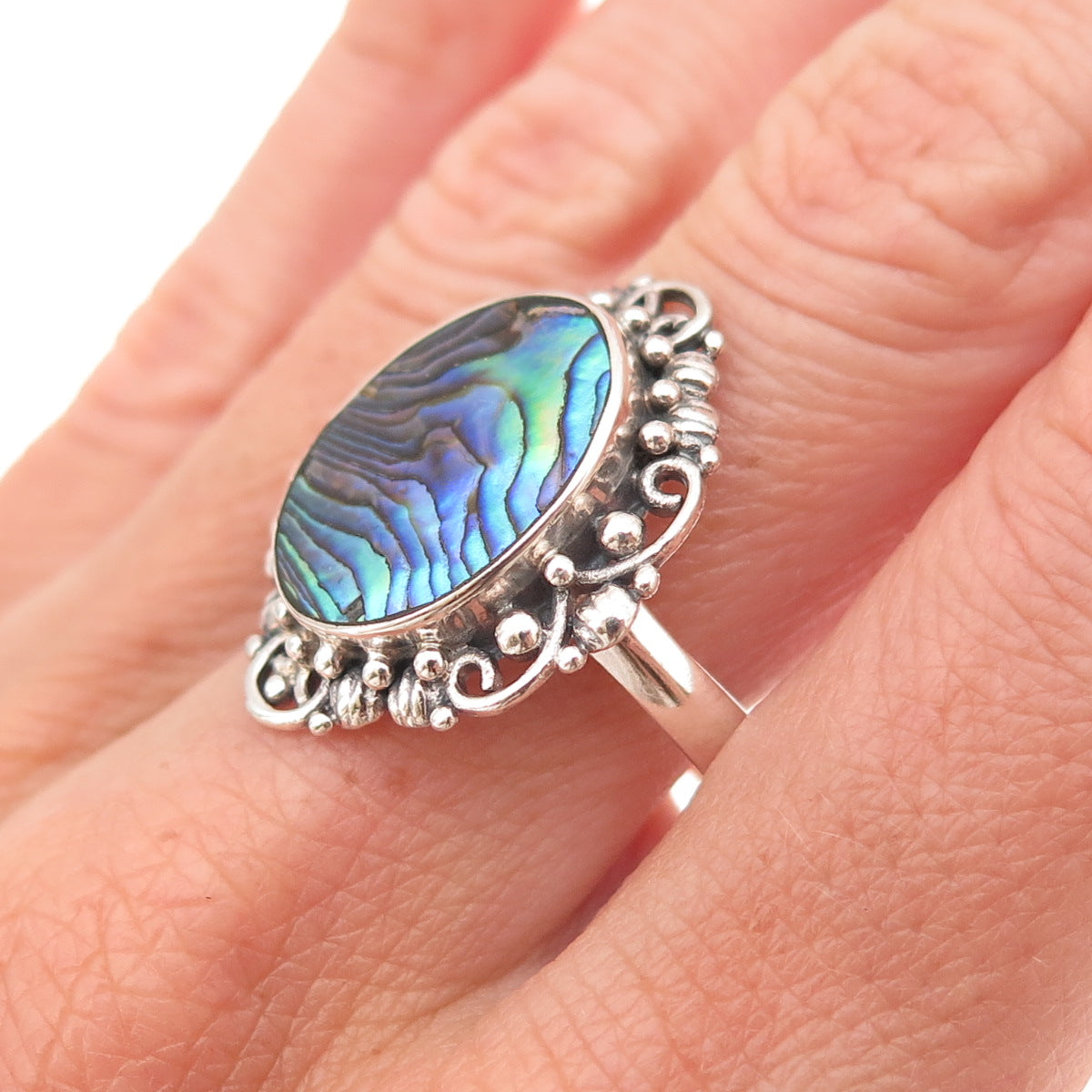 Merav 925 Sterling Silver Vintage Real Abalone Shell Oxidized Ring Size 10.25