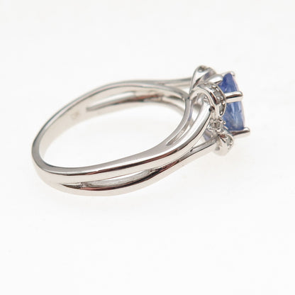 925 Sterling Silver Real Diamond & Tanzanite Floral Ring Size 8.25