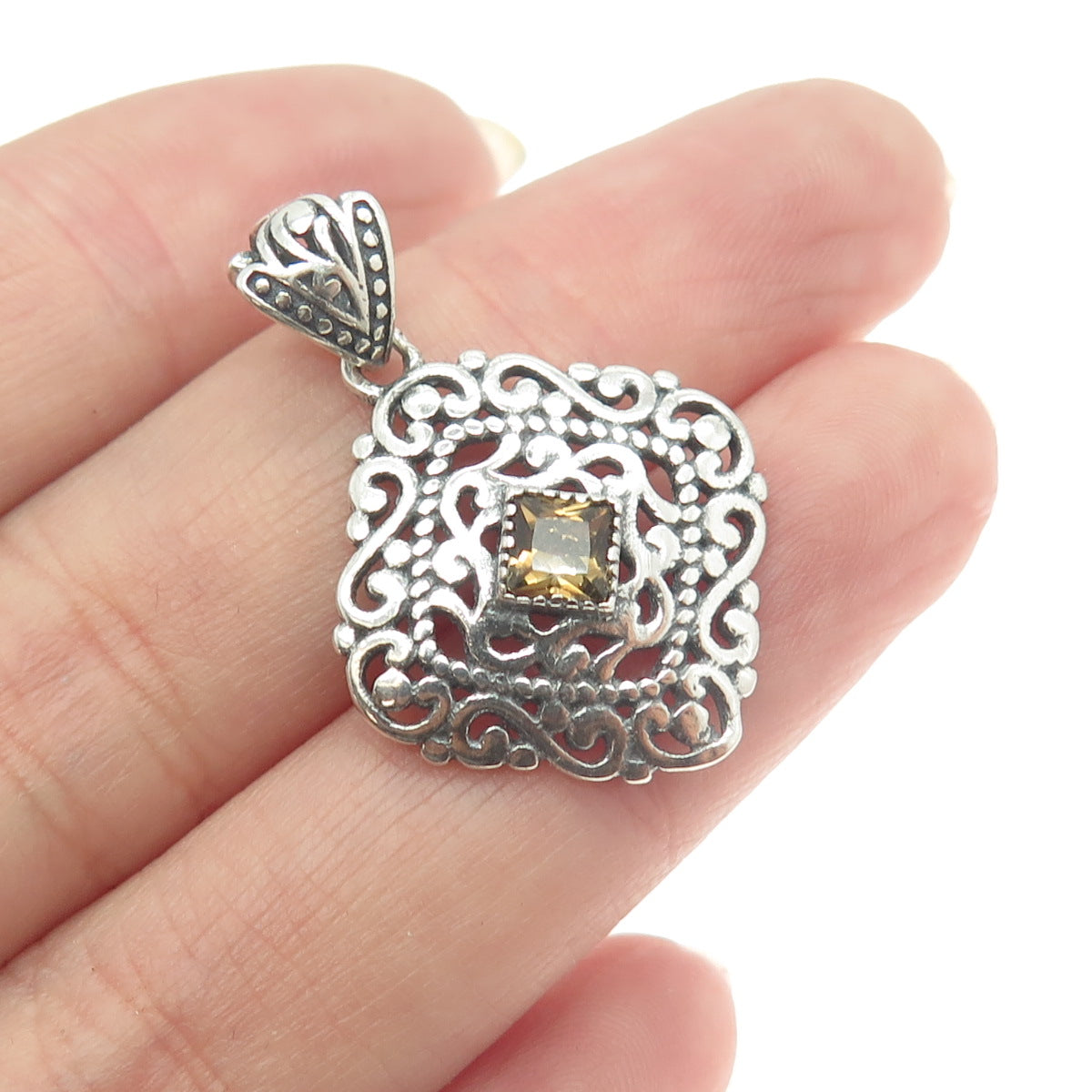 BERIA 925 Sterling Silver Princess-Cut Rhinestone Ornate Square Pendant