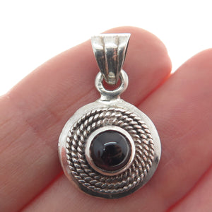 925 Sterling Silver Vintage Real Red Garnet Roped Minimalist Charm Pendant