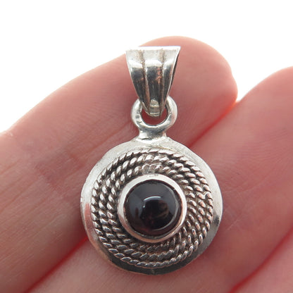 925 Sterling Silver Vintage Real Red Garnet Roped Minimalist Charm Pendant
