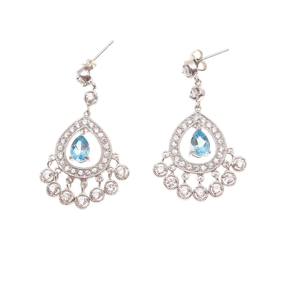 925 Sterling Silver Real Pear-Cut Blue Topaz & C Z Dangle Earrings