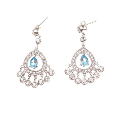 925 Sterling Silver Real Pear-Cut Blue Topaz & C Z Dangle Earrings