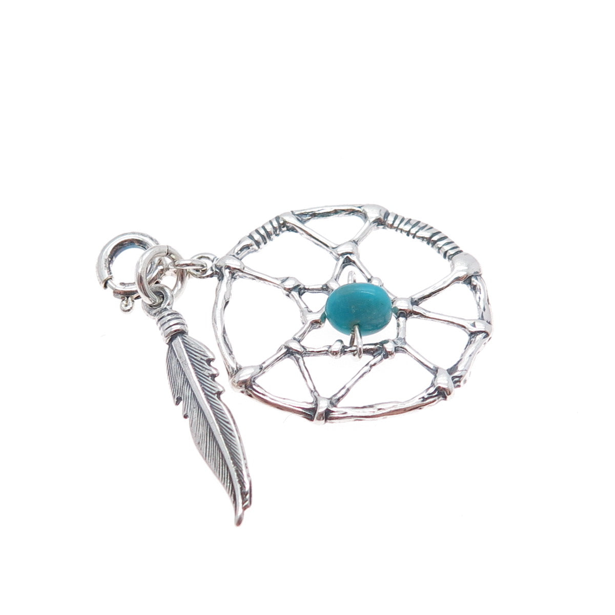 SHUBE Sterling Vintage Turquoise Dreamcatcher Feather Spring Ring Lock Pendant