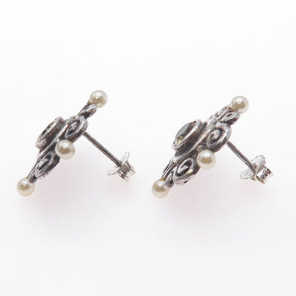 925 Sterling Silver Vintage Faux Pearl & Real Citrine Swirl Oxidized Earrings