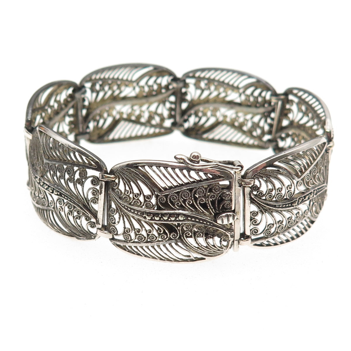 835 Silver Antique Art Deco Real Marcasite Filigree Panel Link Bracelet 6.5"