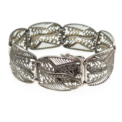 835 Silver Antique Art Deco Real Marcasite Filigree Panel Link Bracelet 6.5"