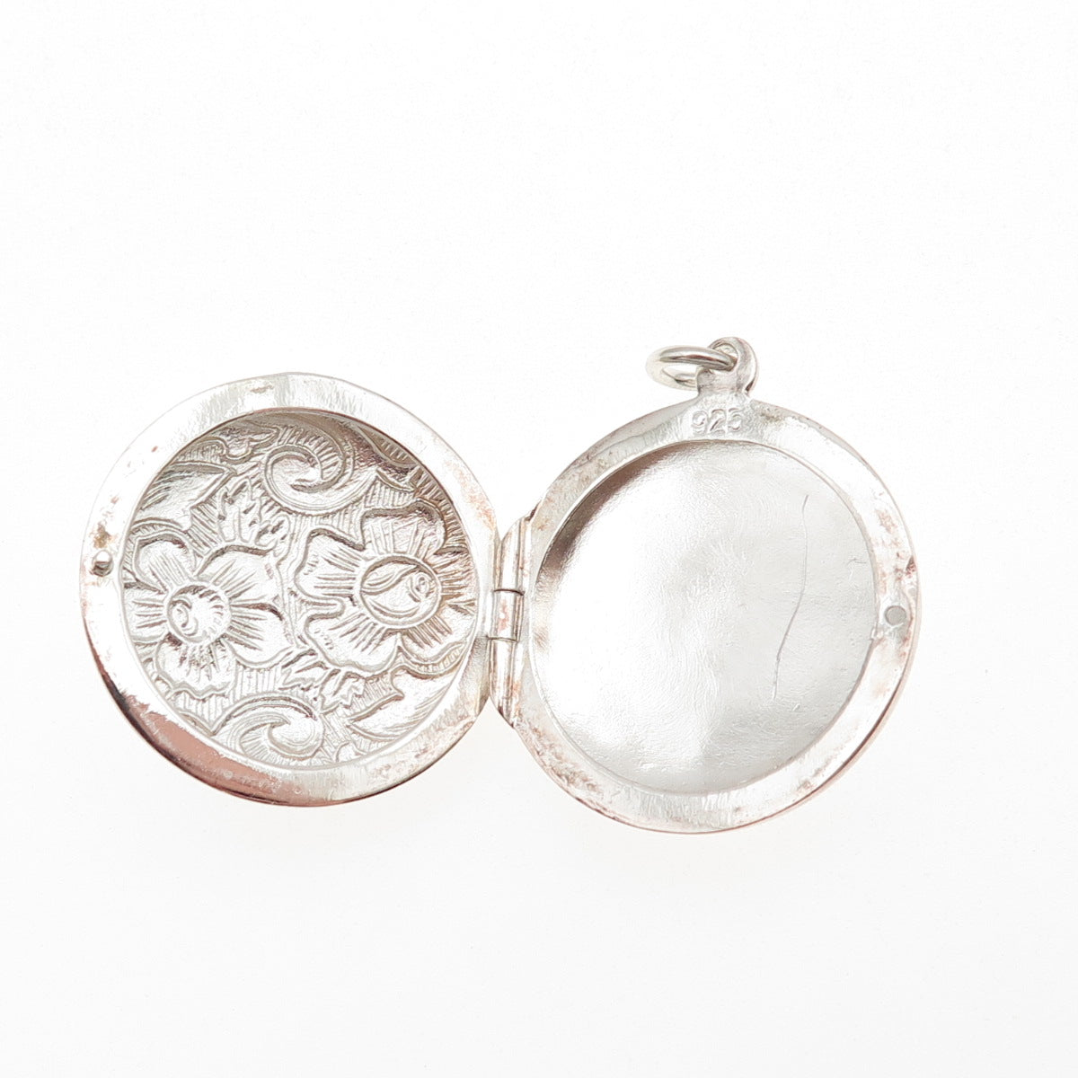 925 Sterling Silver Vintage Floral Repousse Round Locket Charm Pendant