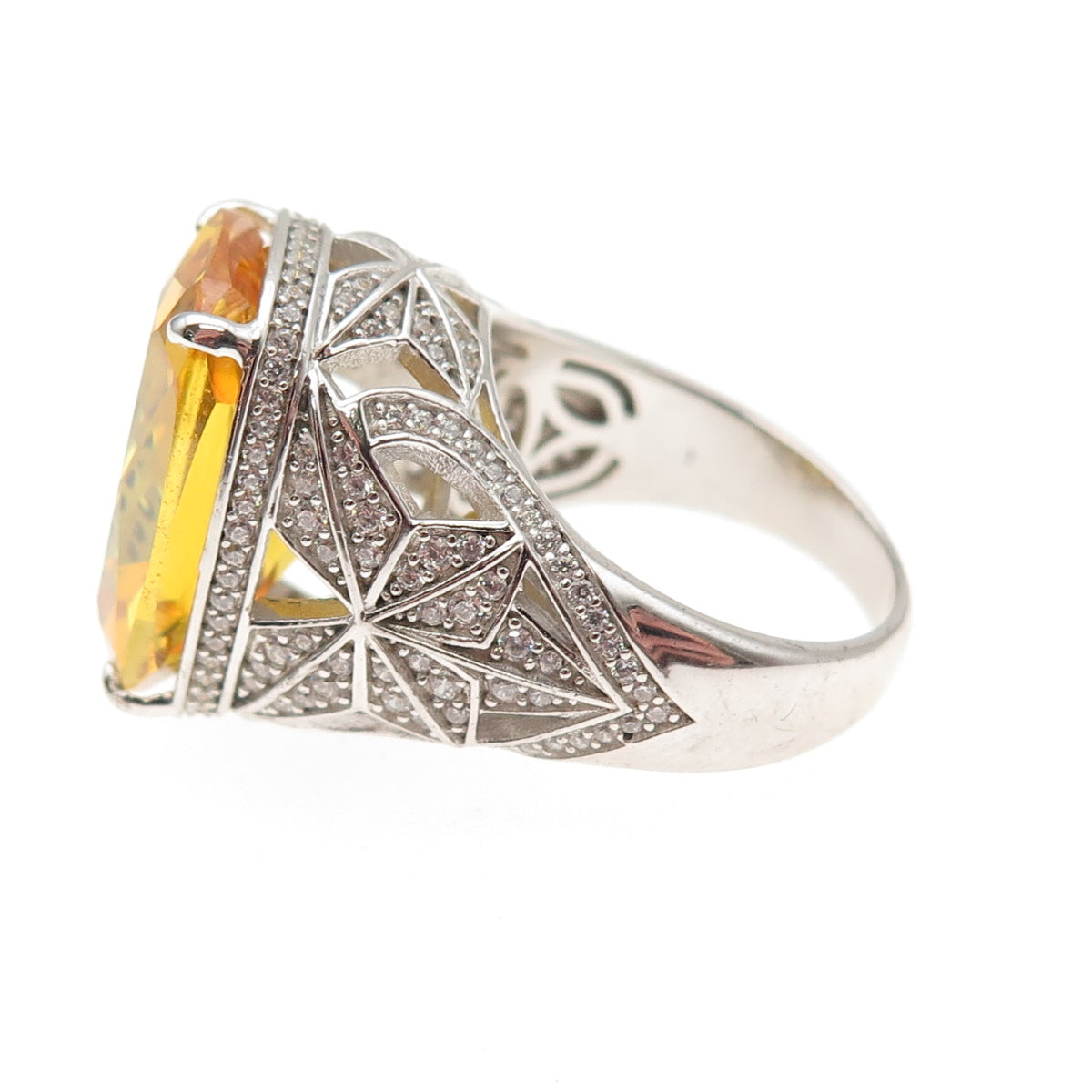 925 Sterling Silver Radiant-Cut Canary & Round-Cut White C Z Ring Size 7.5