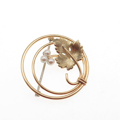 Krementz Gold Filled Vintage Real Pearl Floral Leaf Pin Brooch