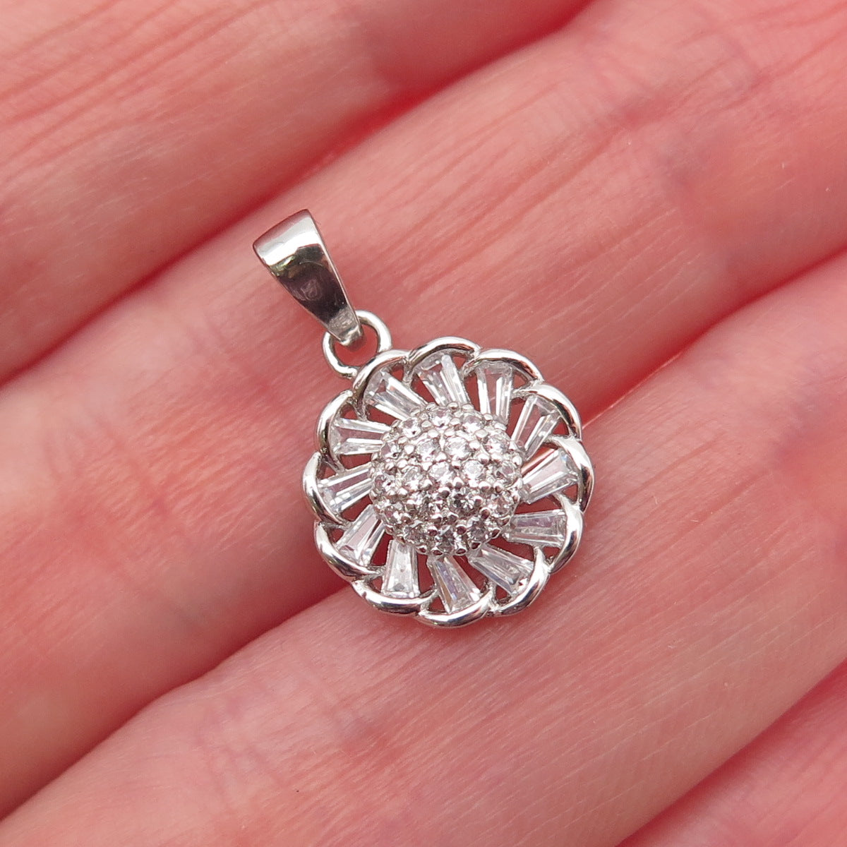 925 Sterling Silver Round & Tapered Baguette-Cut C Z Flower Mini Charm Pendant