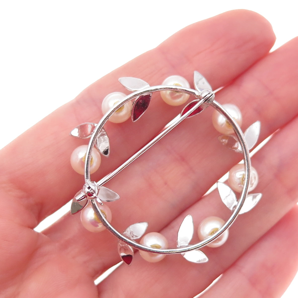 925 Sterling Silver Antique Art Deco Real Akoya Pearl Floral Circle Pin Brooch