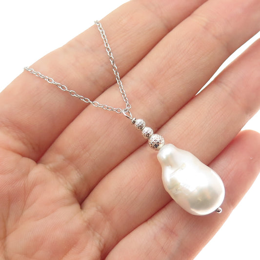 925 Sterling Silver Vintage Italy Real Baroque Pearl Cable Chain Necklace 18"