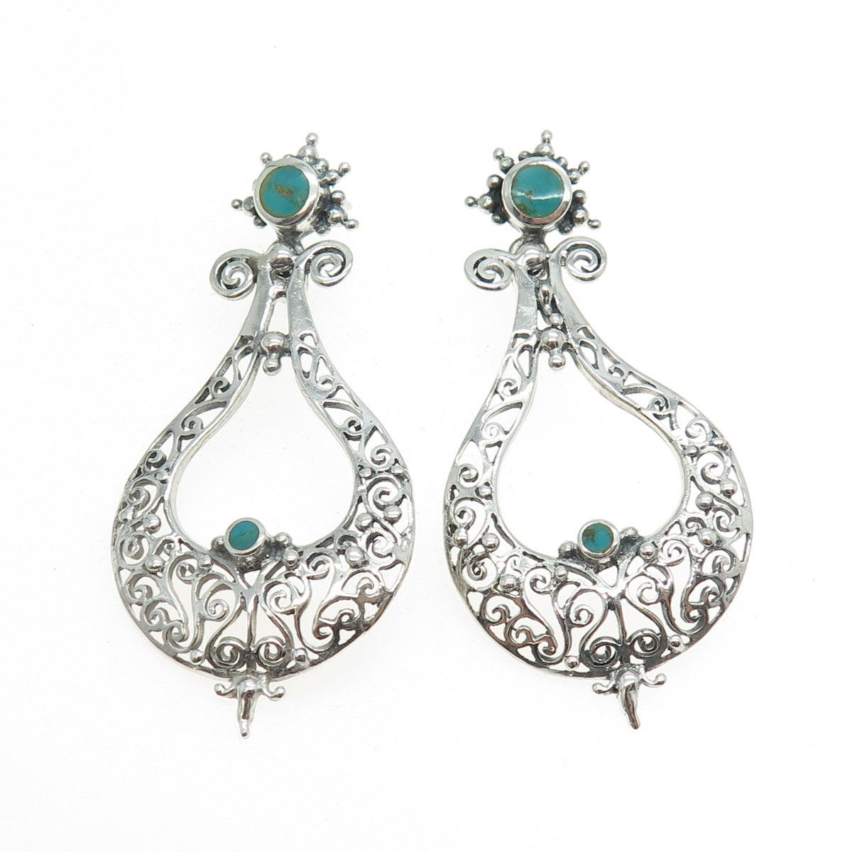 925 Sterling Silver Vintage Real Turquoise Gemstone Ornate Dangle Earrings