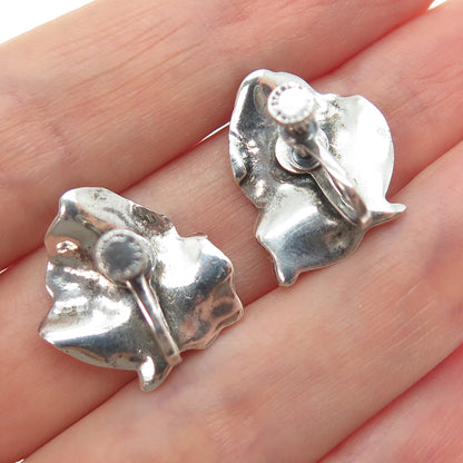 925 Sterling Silver Vintage Lily Flower Oxidized Screw Back Earrings