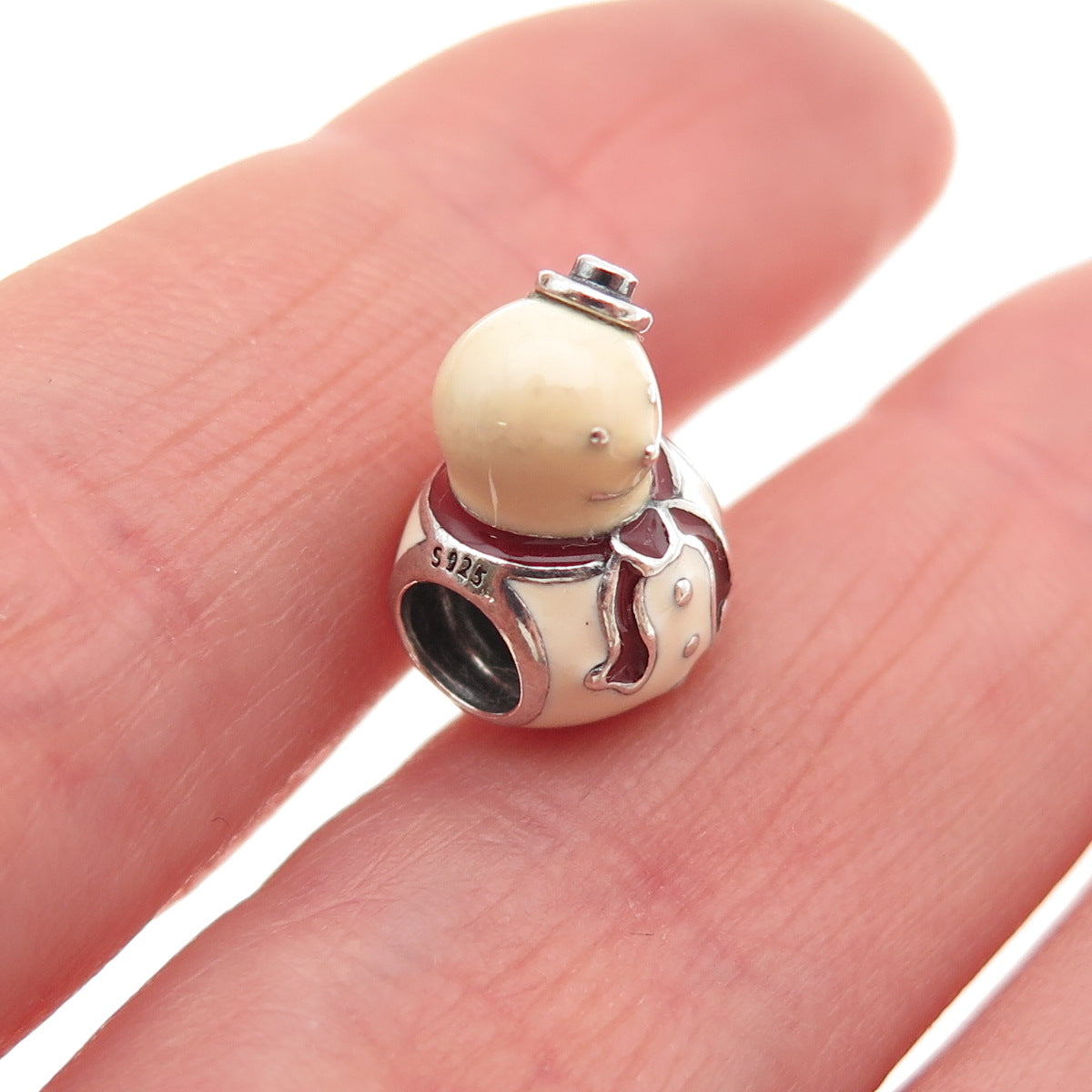 PANDORA 925 Sterling Silver Enamel Snowman Slide Bead Charm
