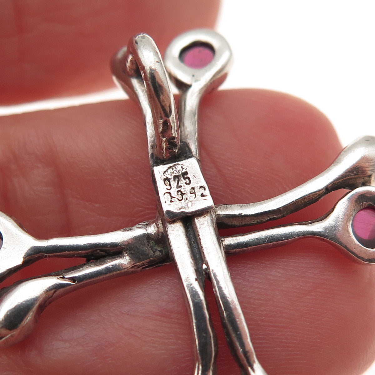 925 Sterling Silver Vintage Real Rhodolite Modernist Cross Slide Charm Pendant