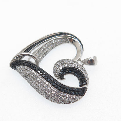 925 Sterling Silver Real Round-Cut Black Spinel & C Z Heart Pendant