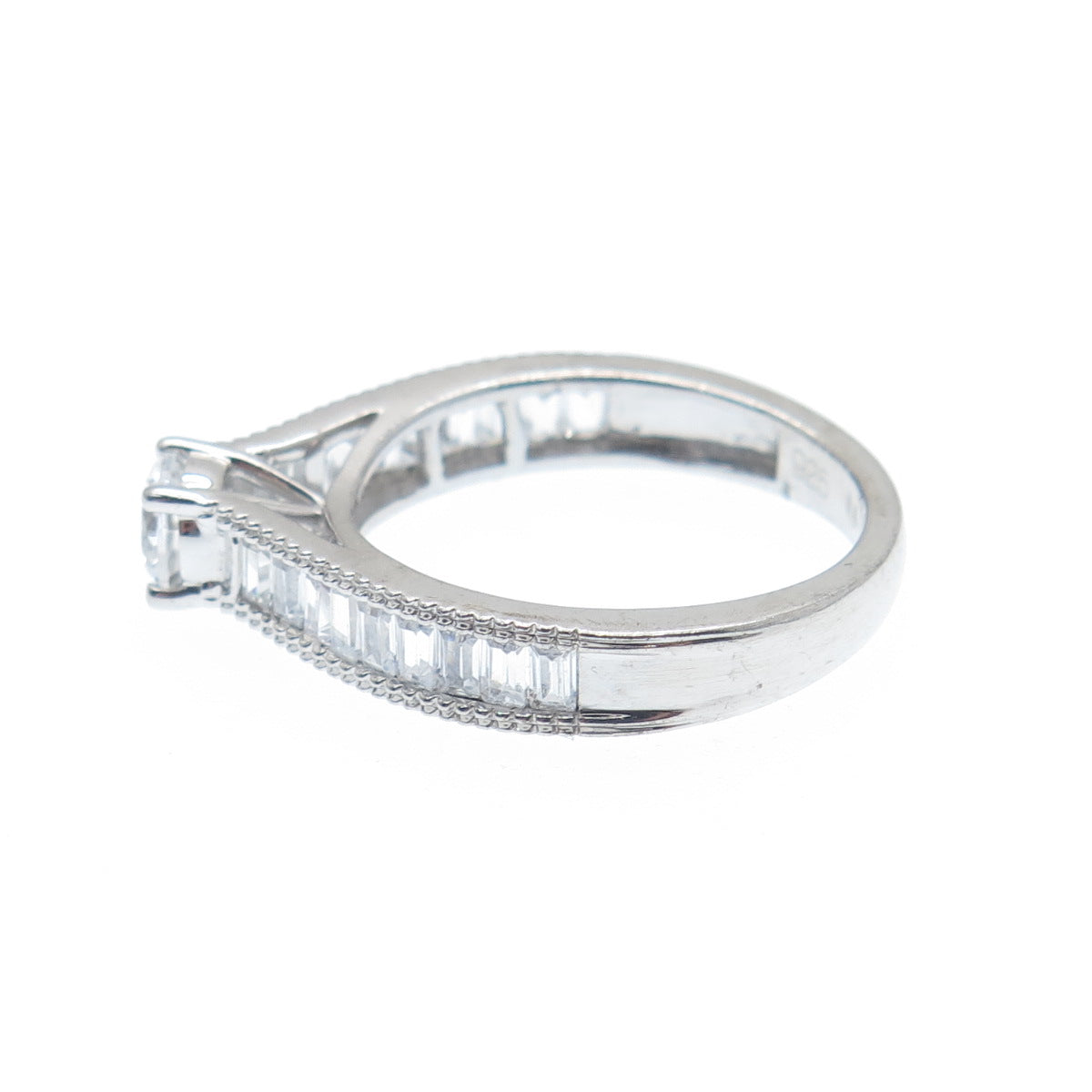 925 Sterling Silver Round & Emerald-Cut C Z Engagement Ring Size 6.75