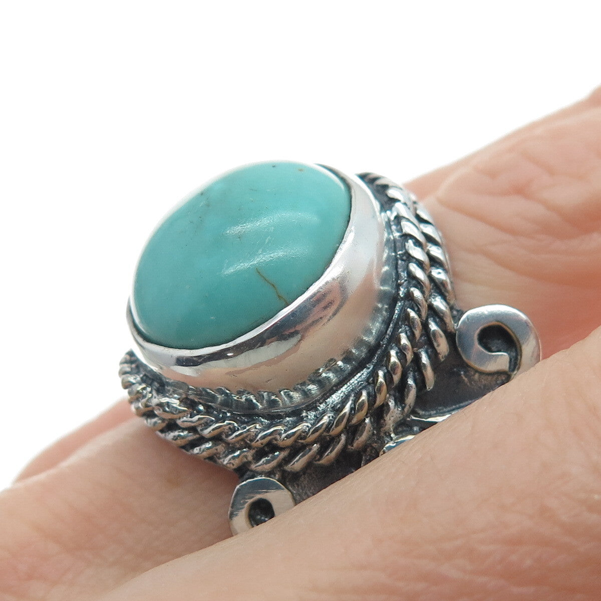 925 Sterling Silver Vintage Real Lone Mountain Turquoise Oxidized Ring Size 9.5