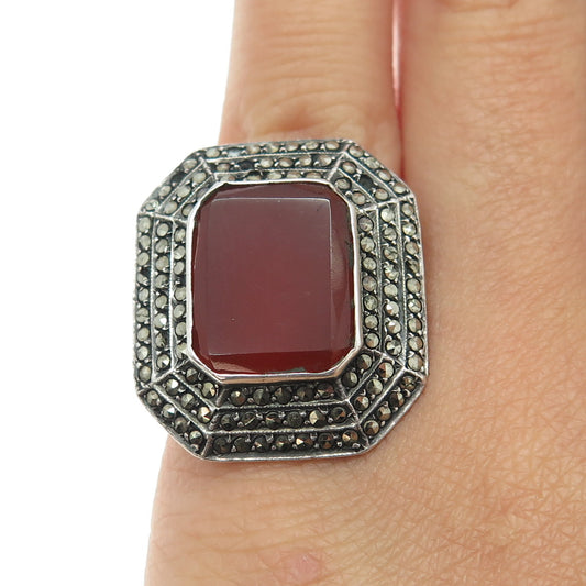 925 Sterling Silver Antique Art Deco Carnelian & Marcasite Gem Ring Size 4.25