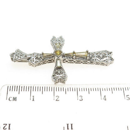 ROSS SIMONS 925 Sterling Silver White & Lemon C Z Ornate Cross Pendant