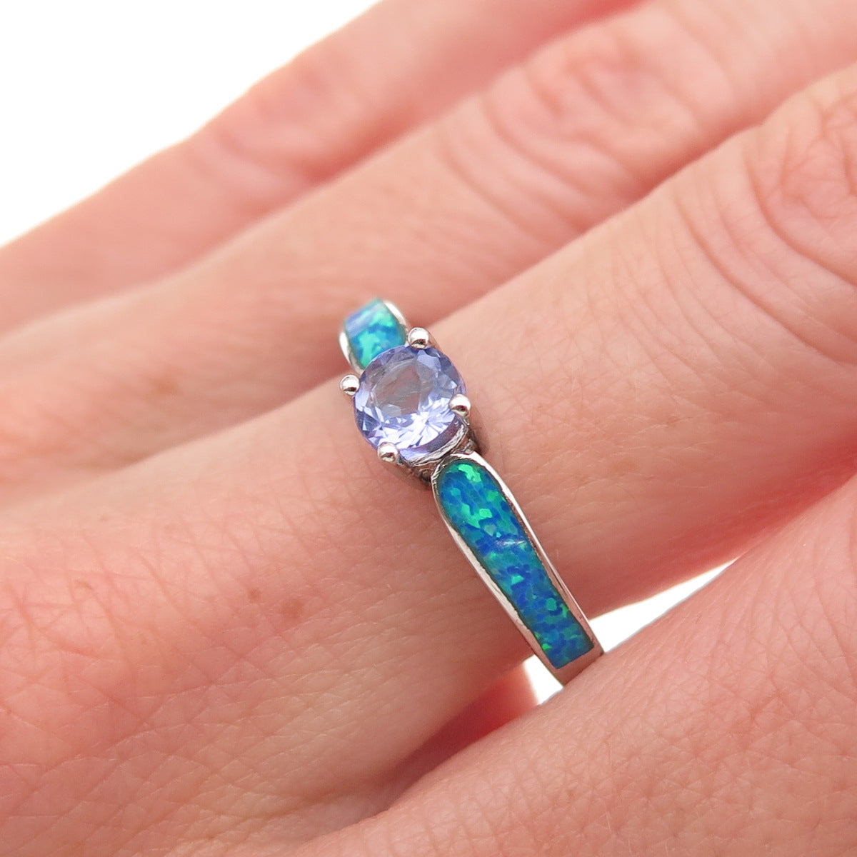 925 Sterling Silver Real Round-Cut Tanzanite & Opal Ring Size 8.25