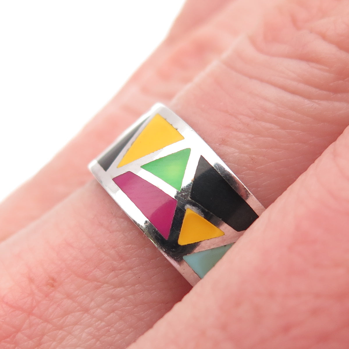 925 Sterling Silver Vintage Enamel Modernist Geometric Band Ring Size 8.25