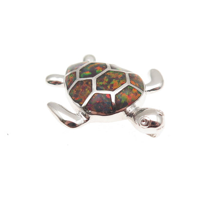 925 Sterling Silver Real Black Fire Opal Turtle Slide Charm Pendant