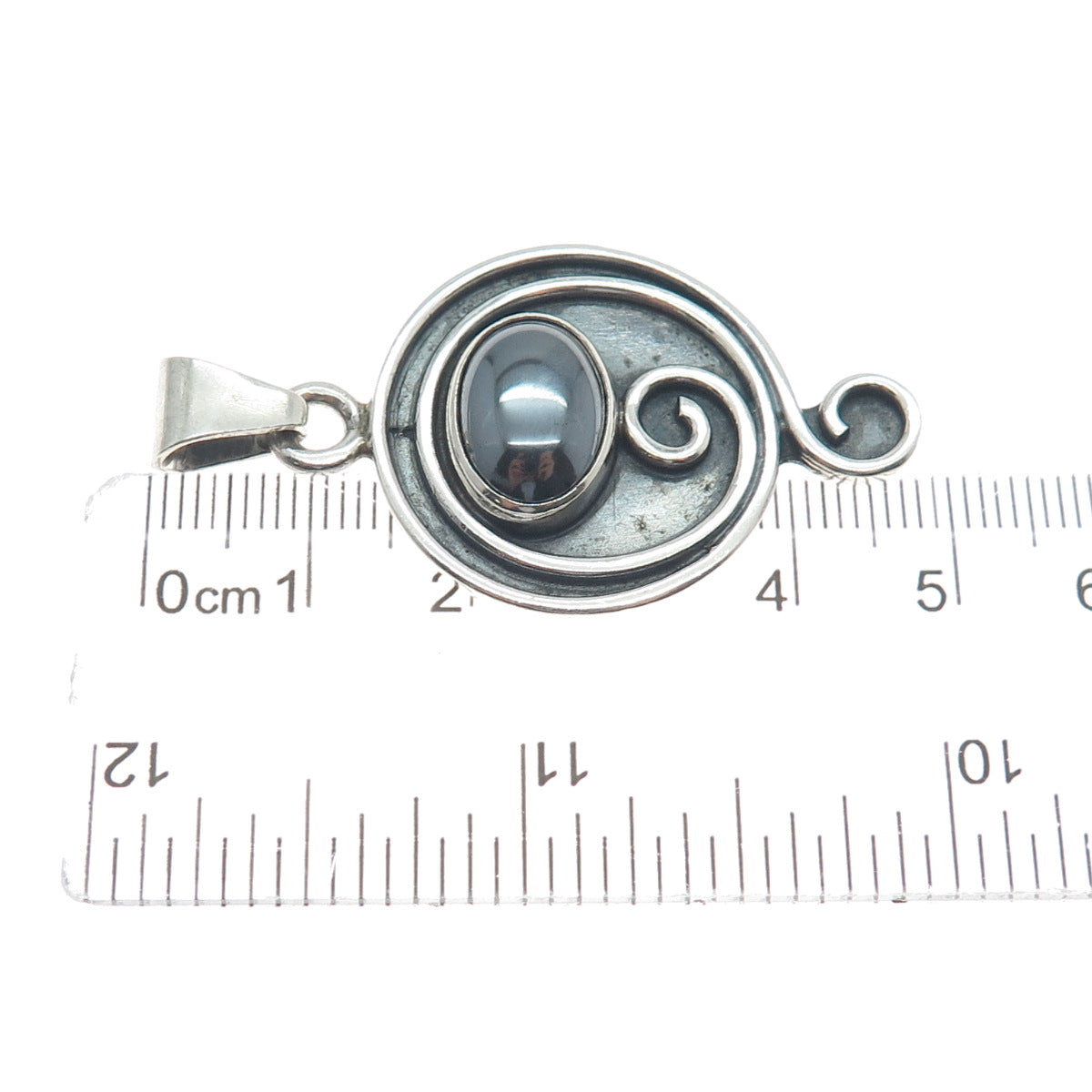 925 Sterling Silver Vintage Real Hematite Gem Swirl Modernist Oxidized Pendant