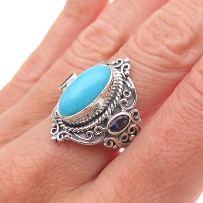 925 Sterling Silver Vintage Real Turquoise & Iolite Oxidized Ring Size 8.5